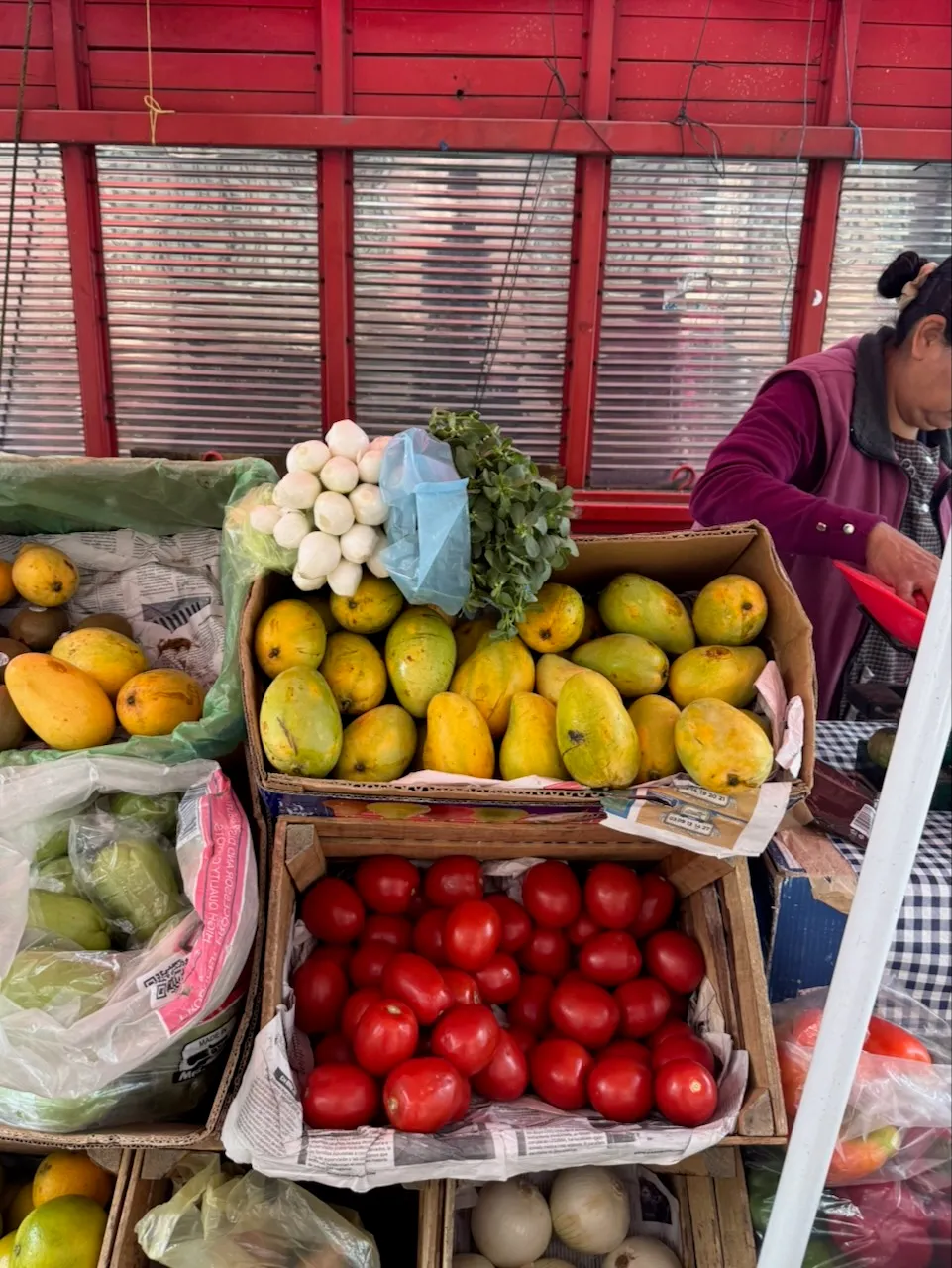 A market stall in Mexico City with boxes of mangos, tomatoes, and onions.