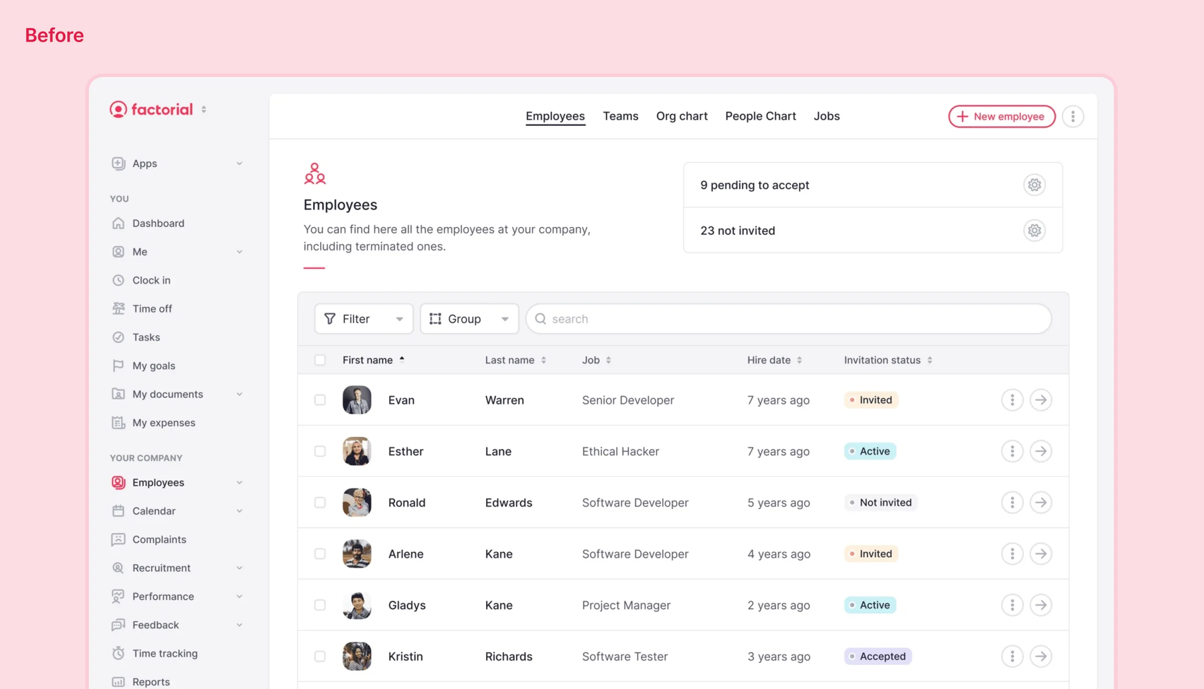 Factorial employees list, before the redesign
